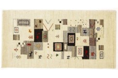 100% wełniany, ręcznie tkany dywan - dzieło sztuki Gabbeh Loribaft beżowy wzór patchwork abstrakcyjny vintage ok 70x140cm, Indie